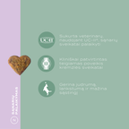 Infografikas apie UC-II naudą sąnarių sveikatai: veterinarų sukurta formulė, kliniškai patvirtintas poveikis kremzlei, geresnis judrumas, elastingumas ir mažesnis sąnarių sustingimas.

